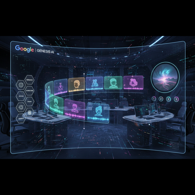 Google Vids AI video editing platform with holographic timeline and AI avatars