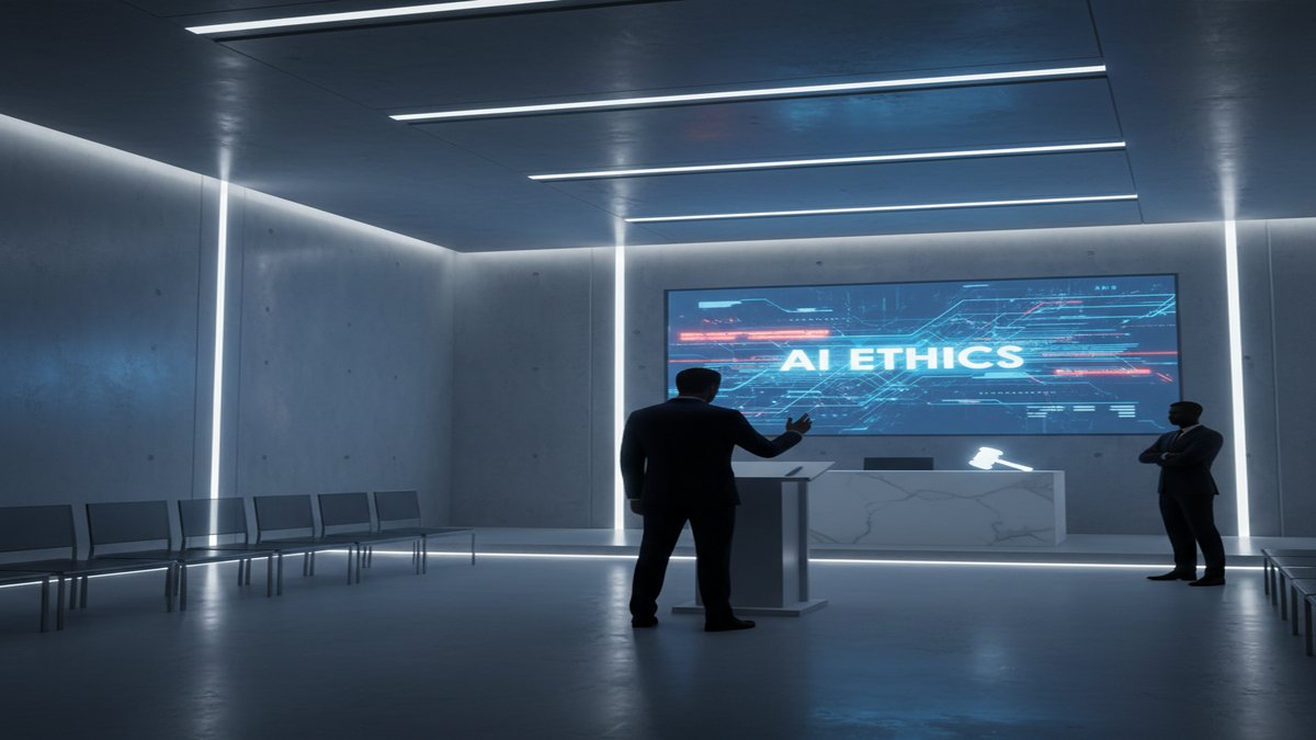 A dramatic courtroom scene with a high-profile tech entrepreneur testifying about artificial intelligence ethics