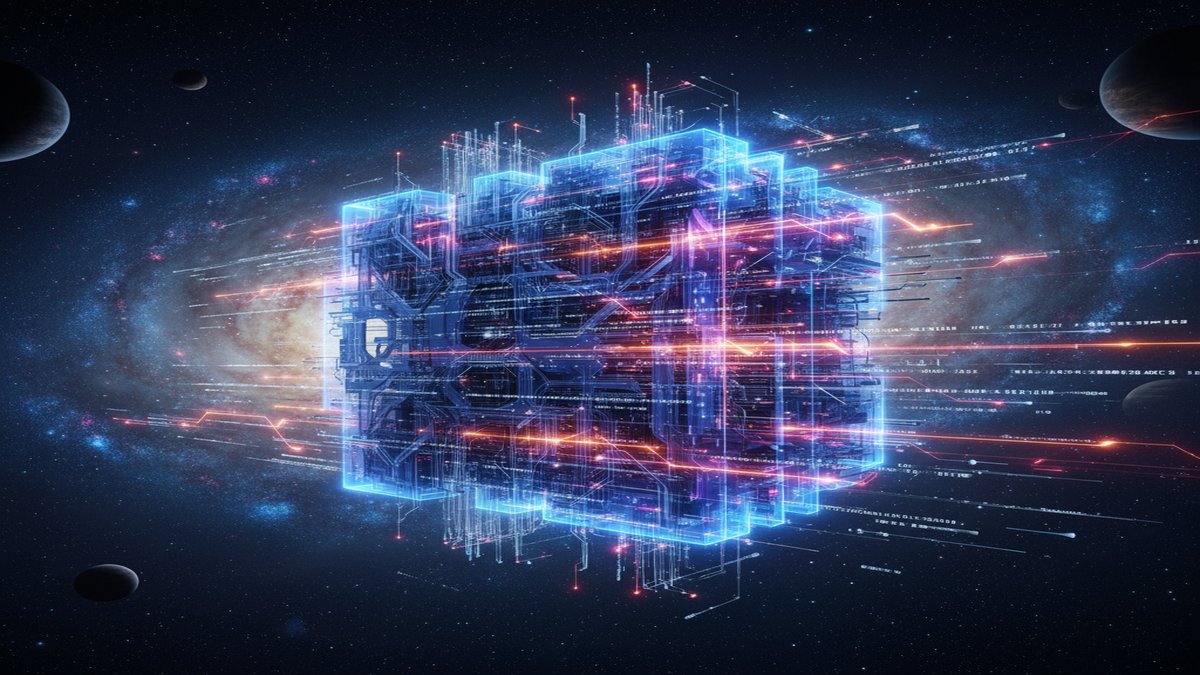 Futuristic supercomputer with glowing neural network circuitry and data streams