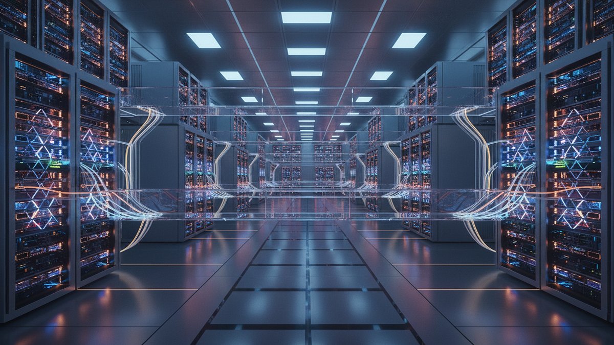 Futuristic data center with glowing Tensor Processing Units (TPUs) arranged in geometric patterns, representing enterprise AI infrastructure