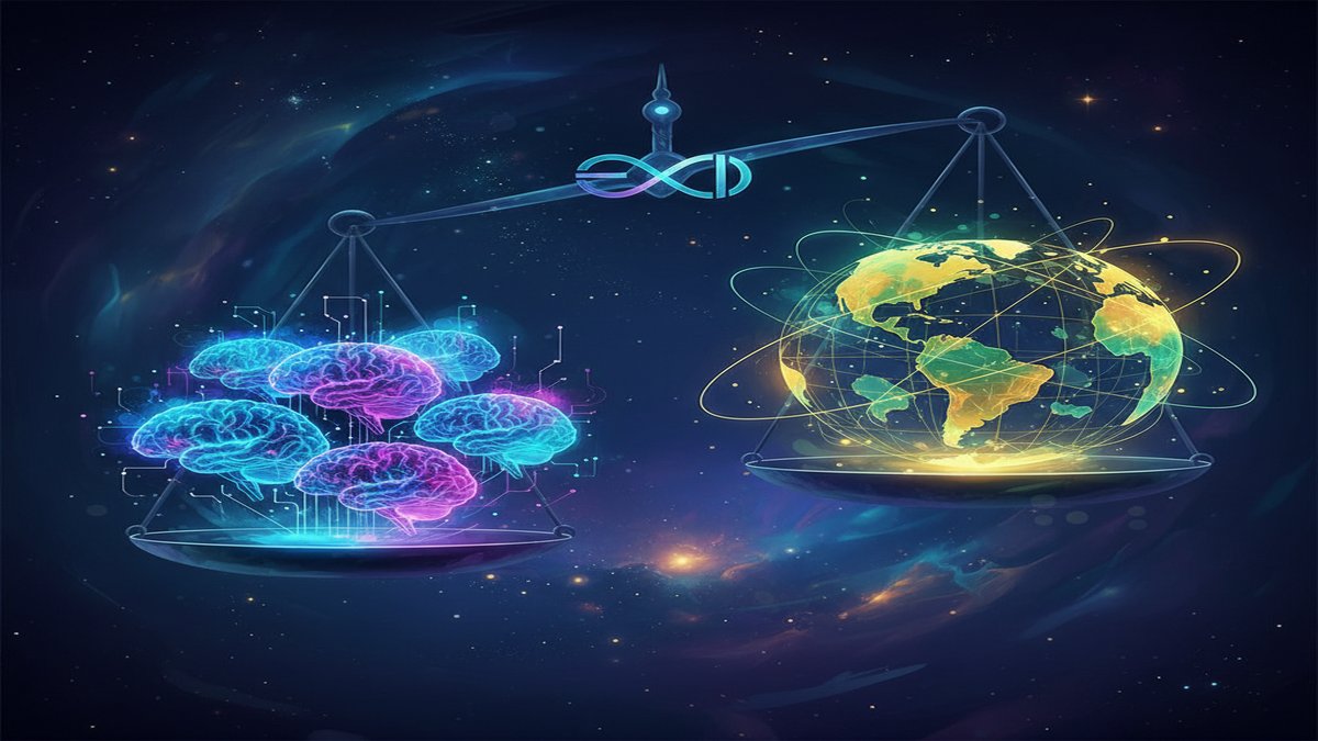 Abstract art depicting a balanced scale with glowing AI brains on one side and a stylized globe on the other, symbolizing global ethical standards for AI.