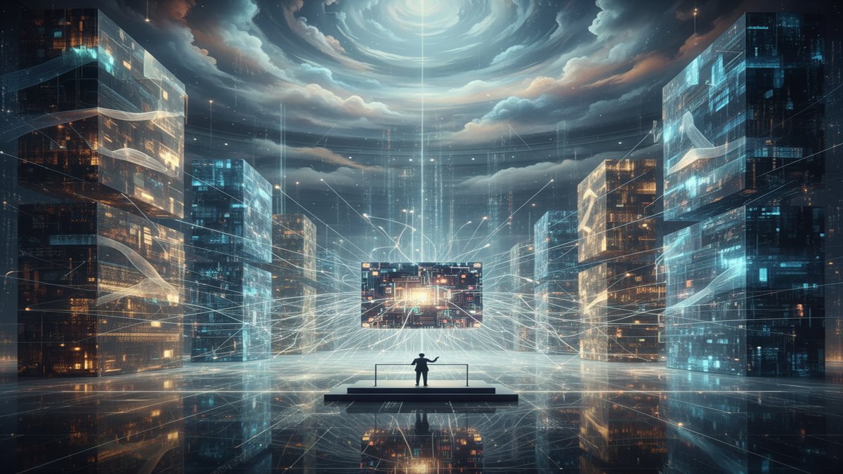 A small and efficient AI model conducting larger language models as an orchestra, emphasizing intricate connections and harmonious data flow