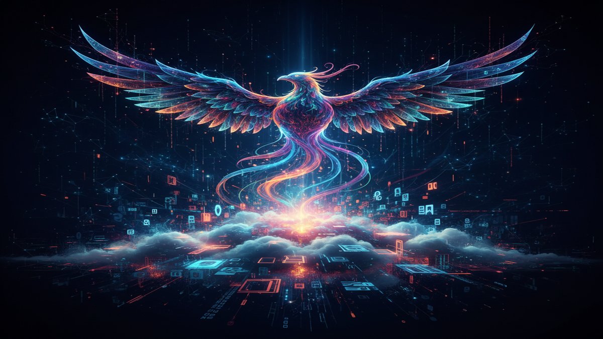 Vibrant, abstract representation of a soaring phoenix made of digital code and light, emerging from a complex data cloud, symbolizing a breakthrough in open-source AI.