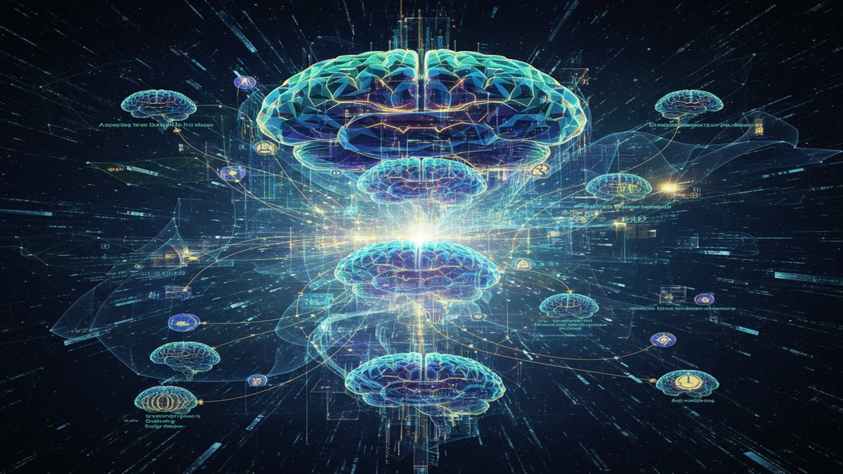 A stylized representation of interconnected digital brains and code segments glowing with energy, forming a unified intelligence, suggesting advanced AI capabilities.