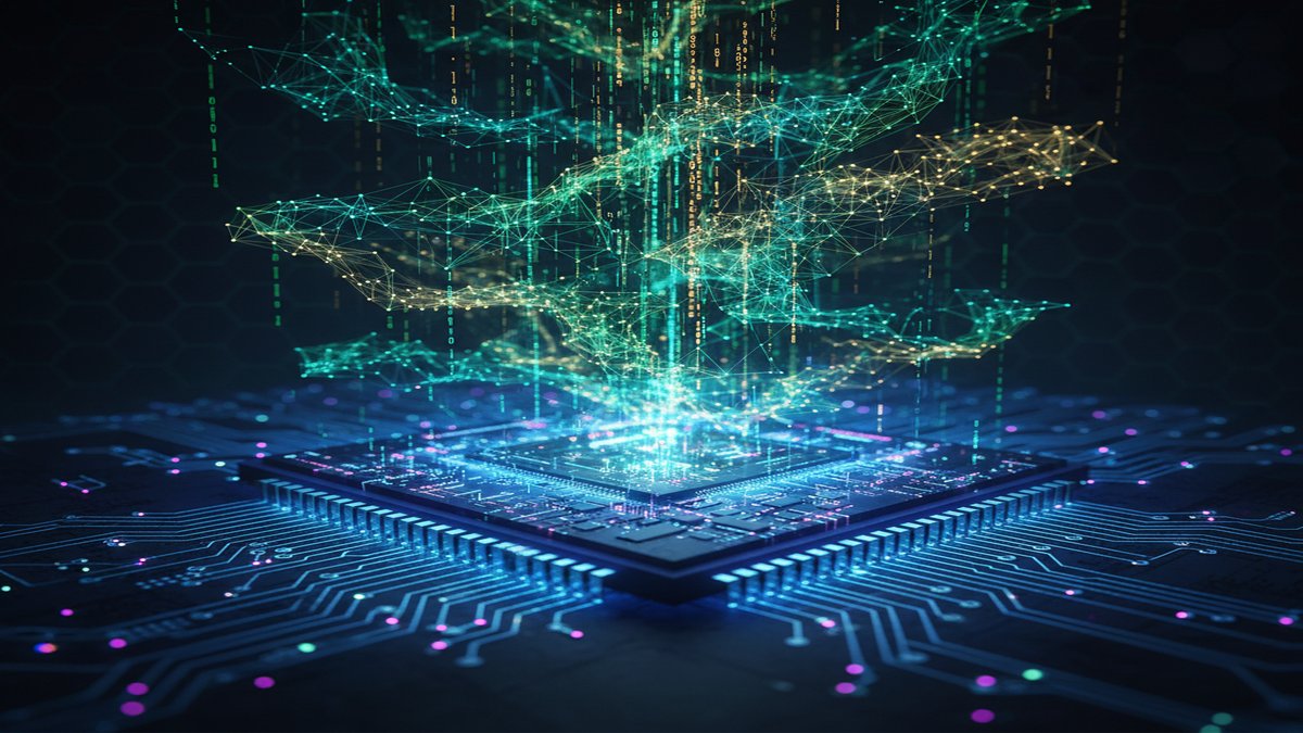 A powerful AMD Instinct MI300 GPU chip with glowing, intricate circuitry, processing an open-source AI model represented by dynamic data streams
