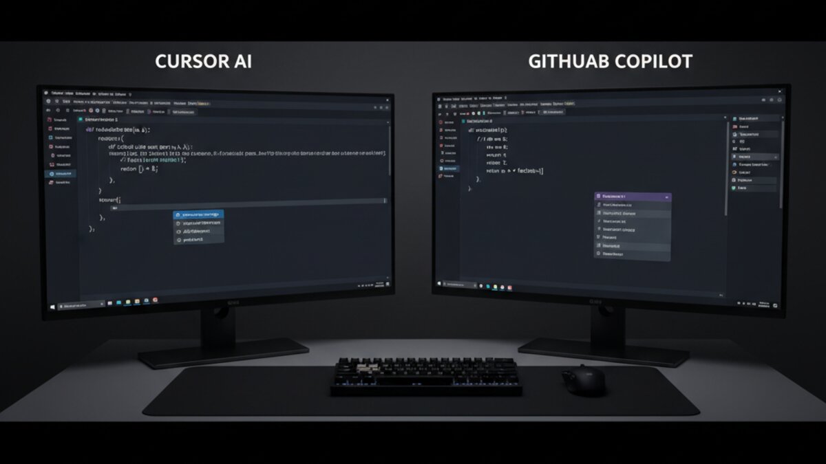 Cursor AI and GitHub Copilot coding interfaces side-by-side comparison