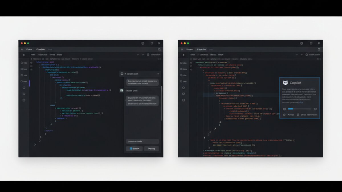 AI coding assistant comparison split screen showing code editor with intelligent suggestions