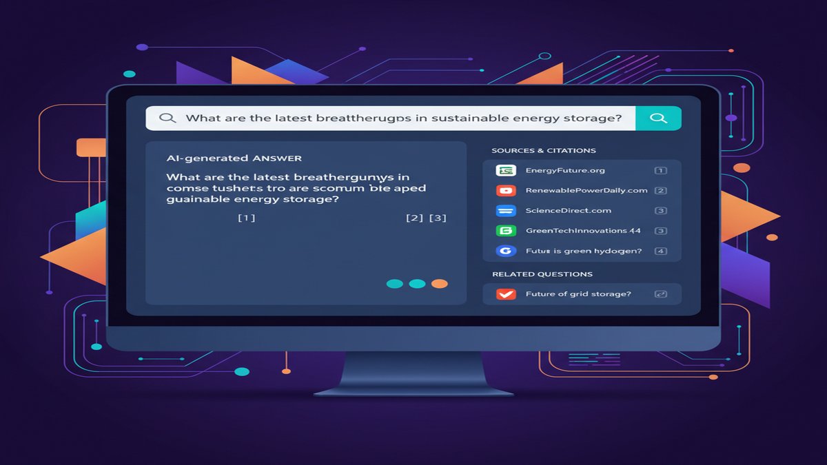 Perplexity AI search interface on screen — AI-powered search results with citations and sources visible, web research