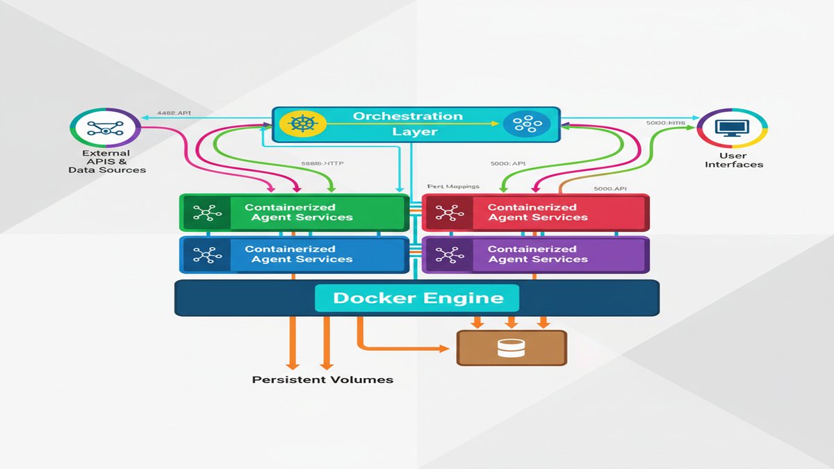 Docker container architecture diagram for AI agents — containerized services, orchestration layers, ports and volumes