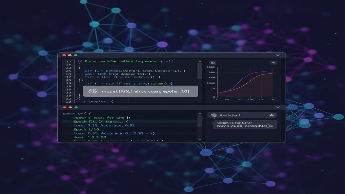 Developer coding workflow with AI assistance — code editor open with AI autocomplete suggestions, terminal output visible