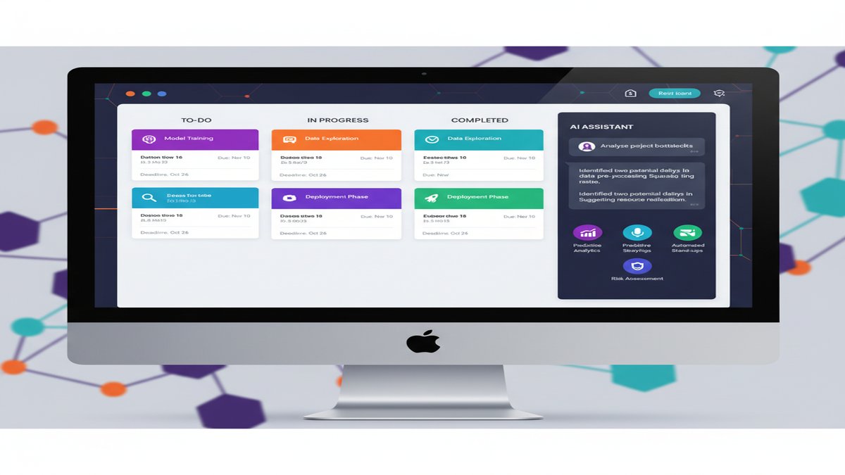 Kanban-style AI project management dashboard on a computer screen — tasks, deadlines, and AI assistant panel visible on the interface