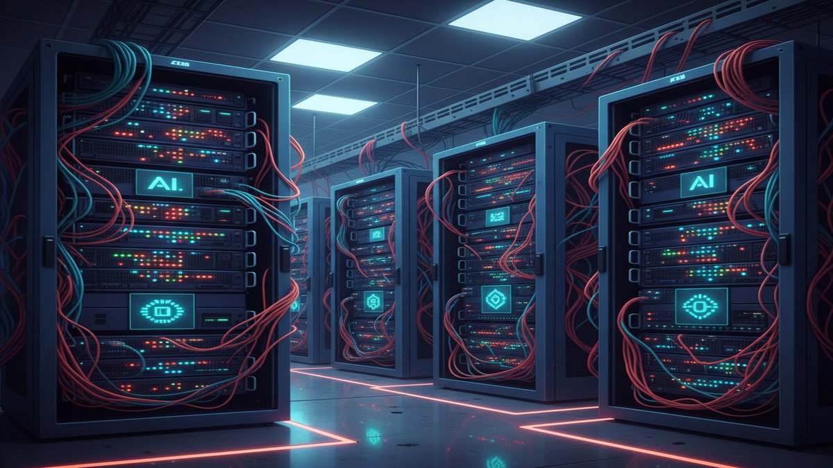 Physical server rack hardware inside a data center with blinking LEDs, cables, and server units — VPS hosting infrastructure for AI workloads