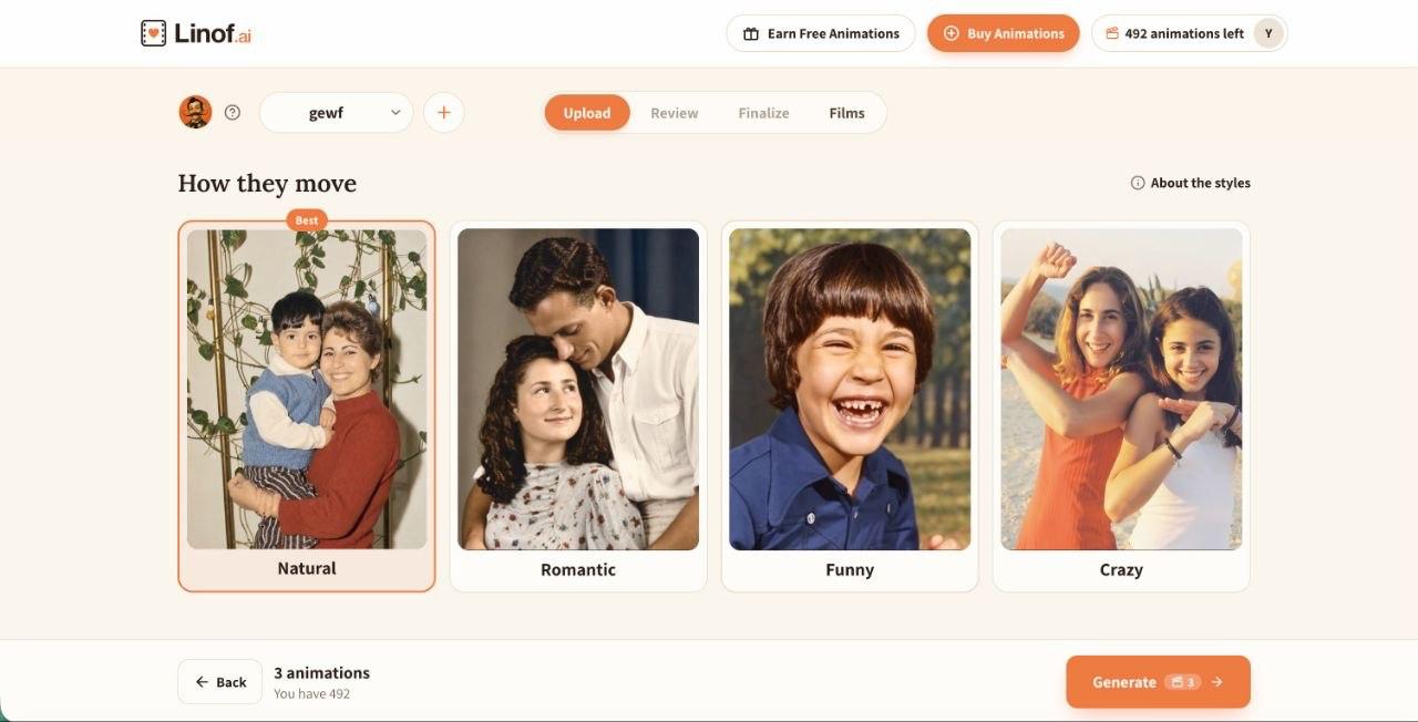 Linof.ai How They Move — choose Natural, Romantic, Funny or Crazy animation style