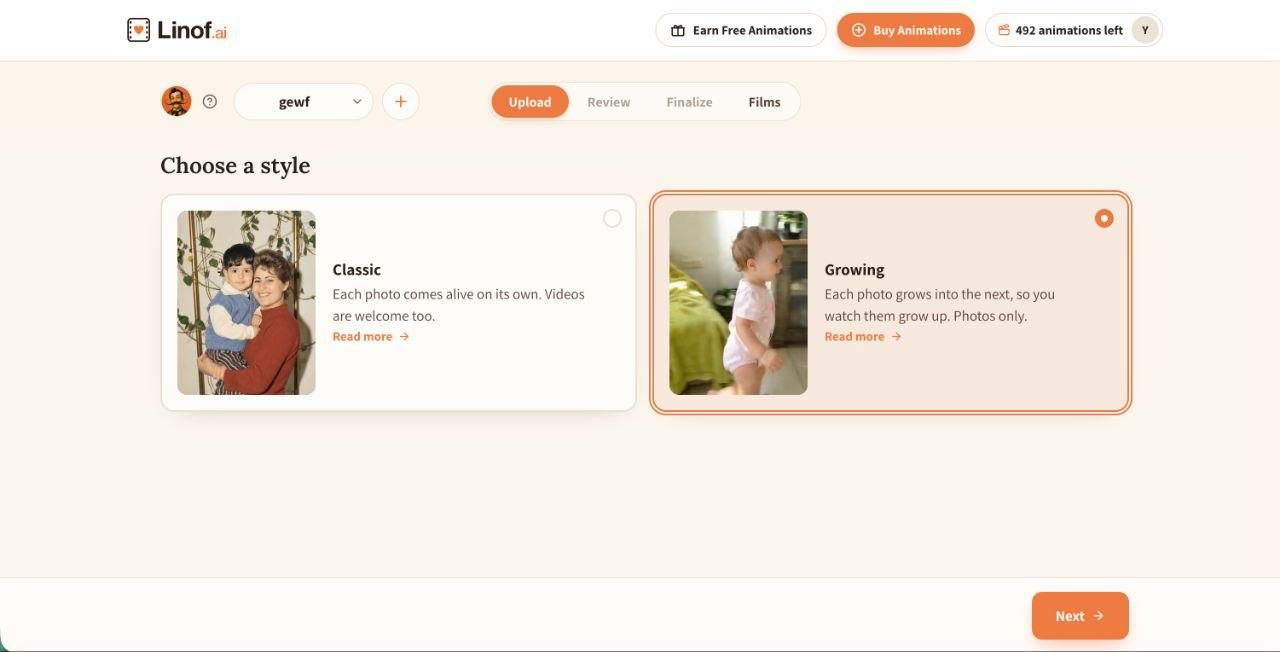Linof.ai app: Choose a style step showing Classic and Growing options